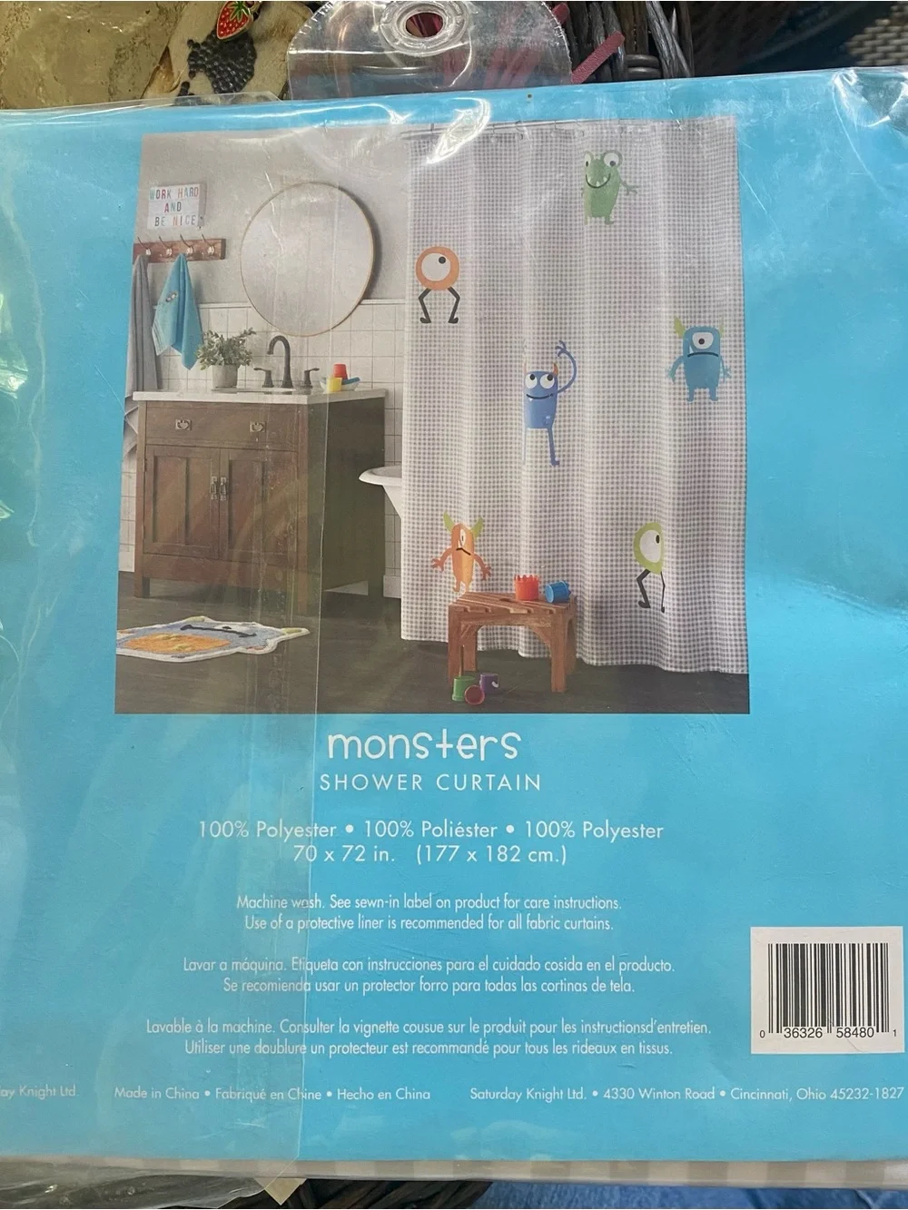 Monsters Shower Curtain - Gray Check with Colorful Monster Accents